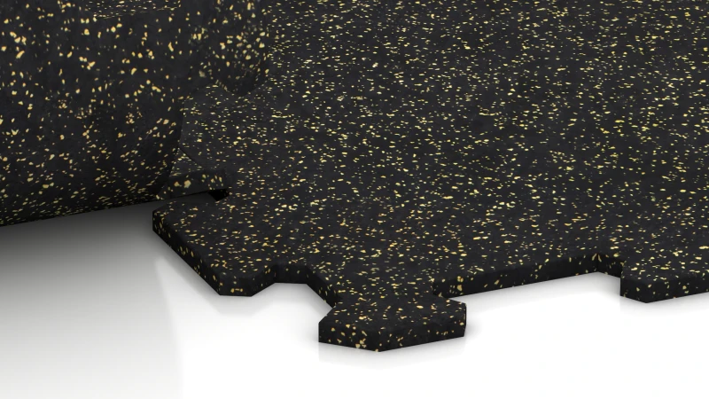 Detail van een 8 mm dikke Fitnessmat GZ van WARCO. De panelen worden met elkaar verbonden via het ritssluiting-systeem met precies gesneden puzzeltanden.