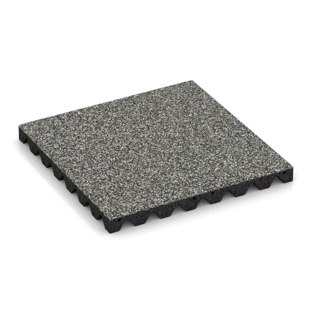 Rubber speelplaatstegel 4,5 cm - EN 1177 ≤ 135 cm von WARCO im Farbdesign Grijs Graniet mit den Abmessungen 500 x 500 x 45 mm. Produktfoto von Artikel 5543 in der Aufsicht von schräg vorne.