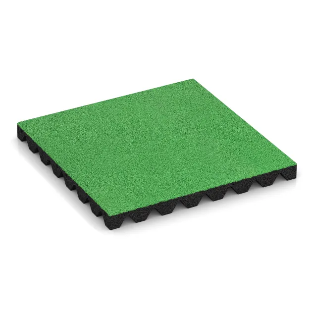 Rubber speelplaatstegel 4,5 cm - EN 1177 ≤ 135 cm von WARCO im Farbdesign Meigroen mit den Abmessungen 500 x 500 x 45 mm. Produktfoto von Artikel 5536 in der Aufsicht von schräg vorne.