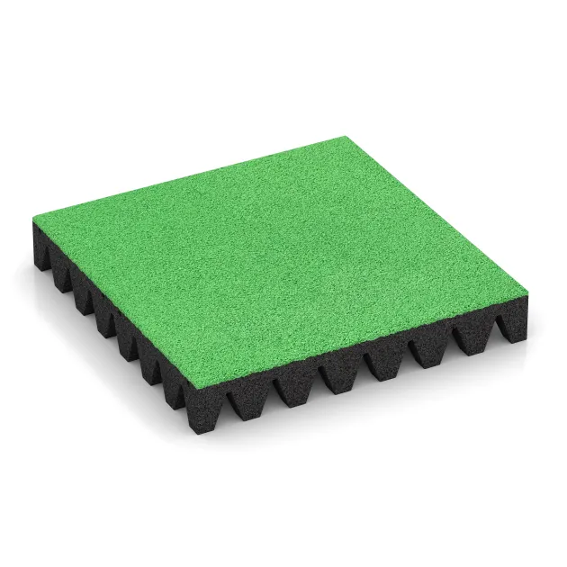 Rubber speelplaatstegel 8 cm - EN 1177 ≤ 215 cm von WARCO im Farbdesign Meigroen mit den Abmessungen 500 x 500 x 80 mm. Produktfoto von Artikel 5605 in der Aufsicht von schräg vorne.
