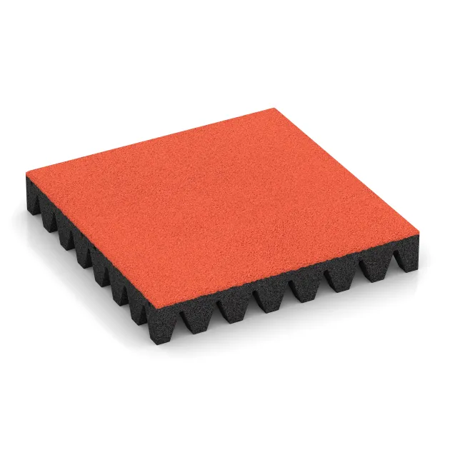 Rubber speelplaatstegel 8 cm - EN 1177 ≤ 215 cm von WARCO im Farbdesign Felrood-Oranje mit den Abmessungen 500 x 500 x 80 mm. Produktfoto von Artikel 5608 in der Aufsicht von schräg vorne.