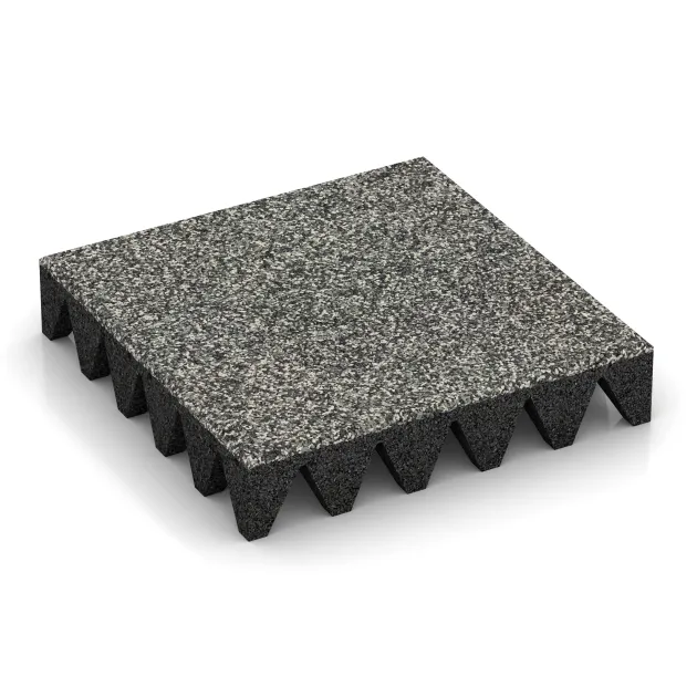 Rubber speelplaatstegel 10 cm - EN 1177 ≤ 300 cm von WARCO im Farbdesign Grijs Graniet mit den Abmessungen 500 x 500 x 100 mm. Produktfoto von Artikel 5644 in der Aufsicht von schräg vorne.