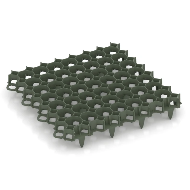 Kunststof grindplaat von WARCO im Farbdesign Matgroen mit den Abmessungen 47,6 × 47,6 × 4 cm | 0,226 m². Produktfoto von Artikel 3634 in der Aufsicht von schräg vorne.