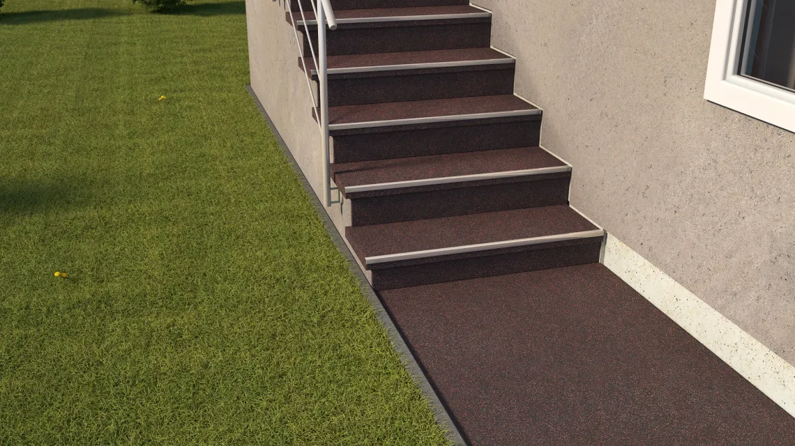 Beispielhafte Verlegung für den Artikel 1110 von WARCO - Traptegel, Farbton Licht Rood Gespikkeld in der Abmessung 970 x 970 x 16 mm.