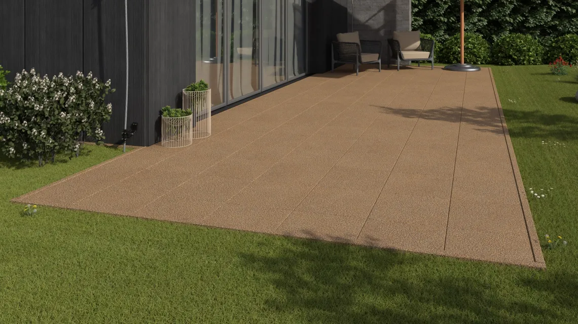 Beispielhafte Verlegung für den Artikel 1153 von WARCO - Terrastegel Classic, Farbton Rattan Lounge in der Abmessung 500 x 500 x 30 mm.