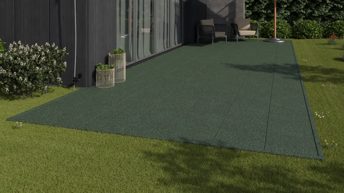 Beispielhafte Verlegung für den Artikel 1160 von WARCO - Terrastegel Classic, Farbton Engels Gras in der Abmessung 500 x 500 x 30 mm.