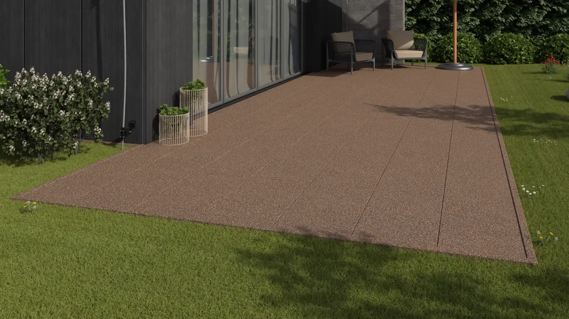 Beispielhafte Verlegung für den Artikel 1162 von WARCO - Terrastegel Classic, Farbton Schors & Bast in der Abmessung 500 x 500 x 30 mm.