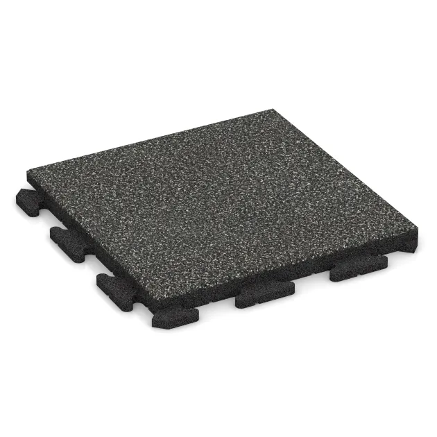 Rubberen straattegels Classic von WARCO im Farbdesign Donkergrijs Graniet mit den Abmessungen 500 x 500 x 40 mm. Produktfoto von Artikel 1297 in der Aufsicht von schräg vorne.