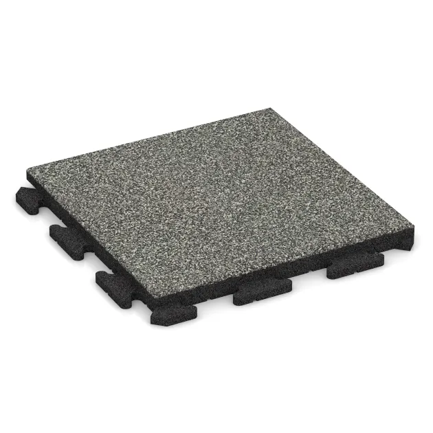 Rubberen straattegels Classic von WARCO im Farbdesign Grijs Graniet mit den Abmessungen 500 x 500 x 40 mm. Produktfoto von Artikel 1298 in der Aufsicht von schräg vorne.