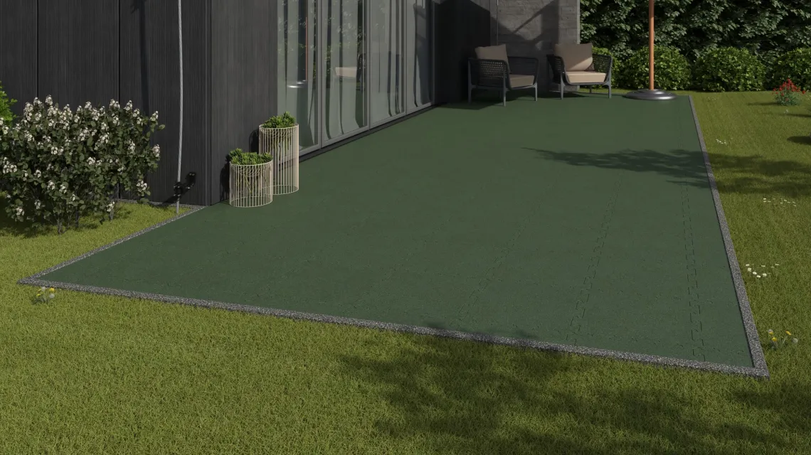 Beispielhafte Verlegung für den Artikel 2775 von WARCO - Buiten vlondertegel, Farbton Grasgroen in der Abmessung 500 x 500 x 30 mm.