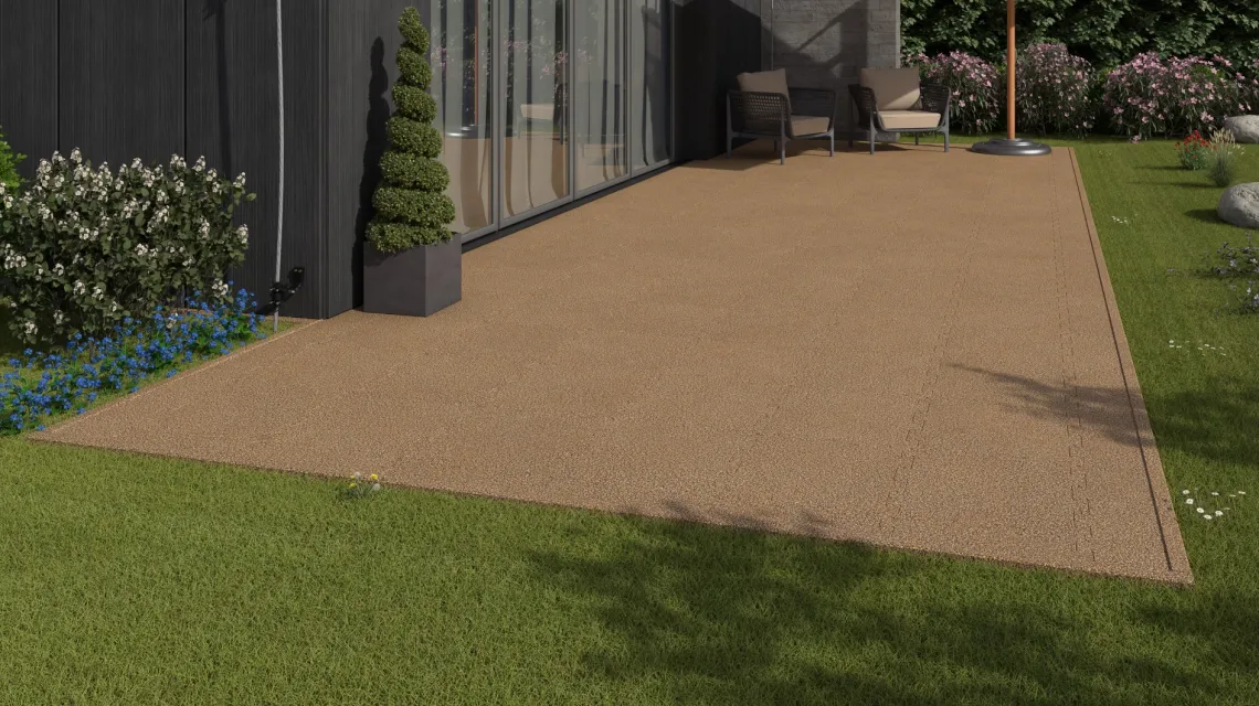 Beispielhafte Verlegung für den Artikel 2837 von WARCO - Buiten vlondertegel, Farbton Rattan Lounge in der Abmessung 500 x 500 x 40 mm.