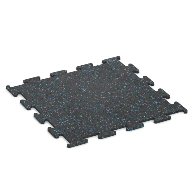 Fitness Performance Elite Trainingsvloer von WARCO im Farbdesign Licht blauw gespikkeld mit den Abmessungen 500 x 500 x 10 mm. Produktfoto von Artikel 3766 in der Aufsicht von schräg vorne.