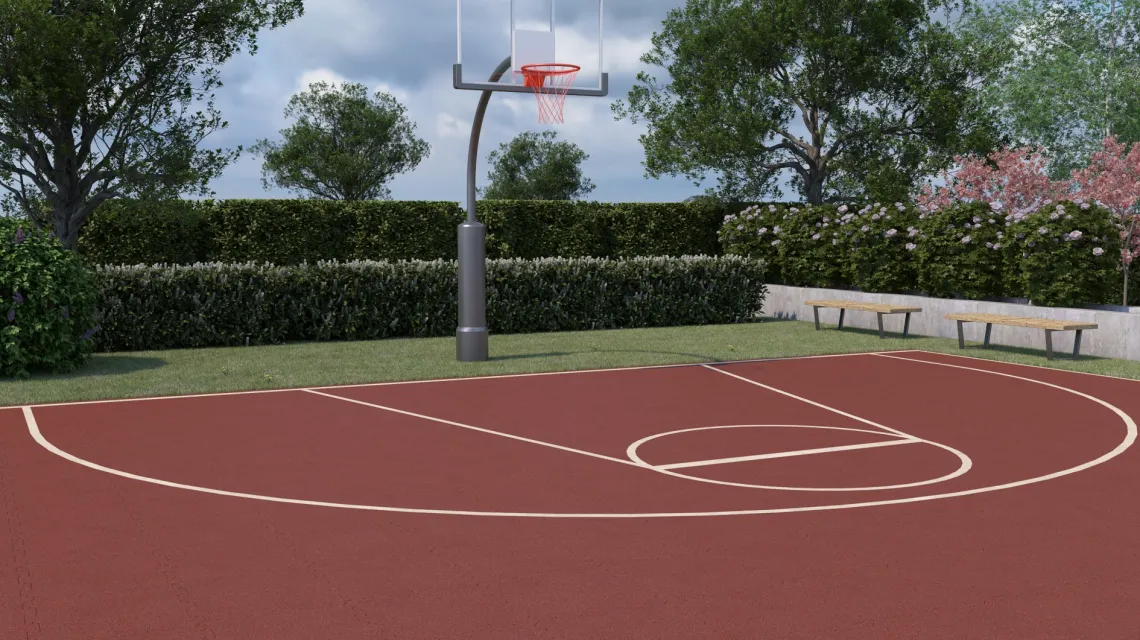 Beispielhafte Verlegung für den Artikel 4180 von WARCO - Rubber sportvloer, Farbton Baksteenrood in der Abmessung 500 x 500 x 30 mm.