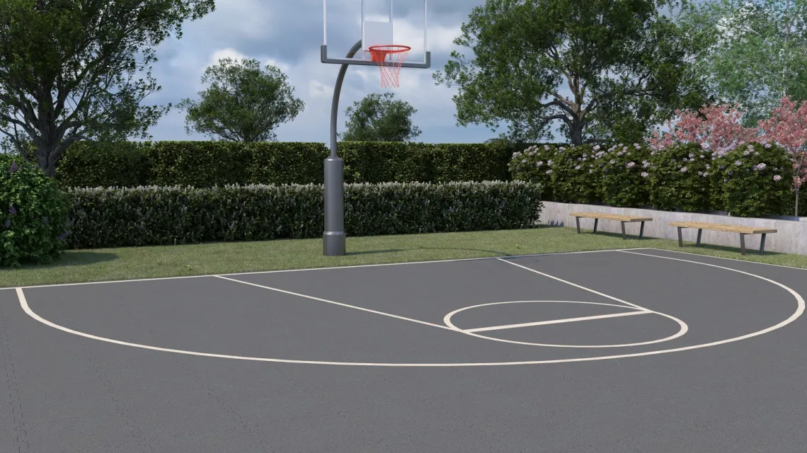 Beispielhafte Verlegung für den Artikel 4182 von WARCO - Rubber sportvloer, Farbton Leigrijs in der Abmessung 500 x 500 x 30 mm.