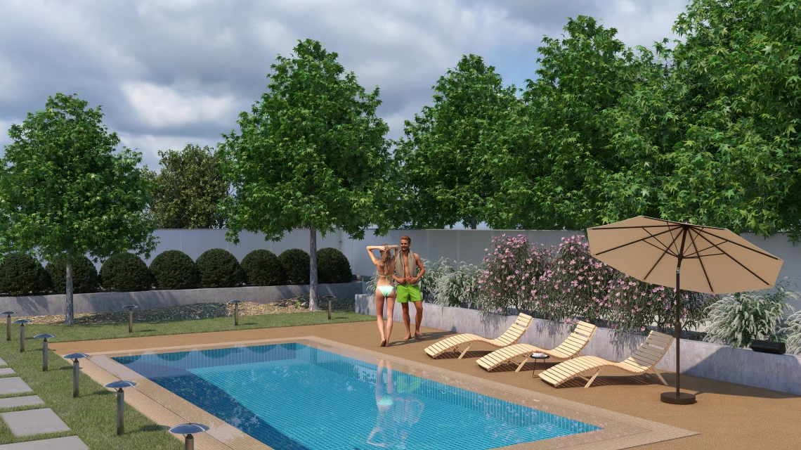 Beispielhafte Verlegung für den Artikel 5235 von WARCO - Zwembadrandtegel zonder voegen, Farbton Rattan in der Abmessung 30,6 x 30,6 x 3 cm | 0,094 m².