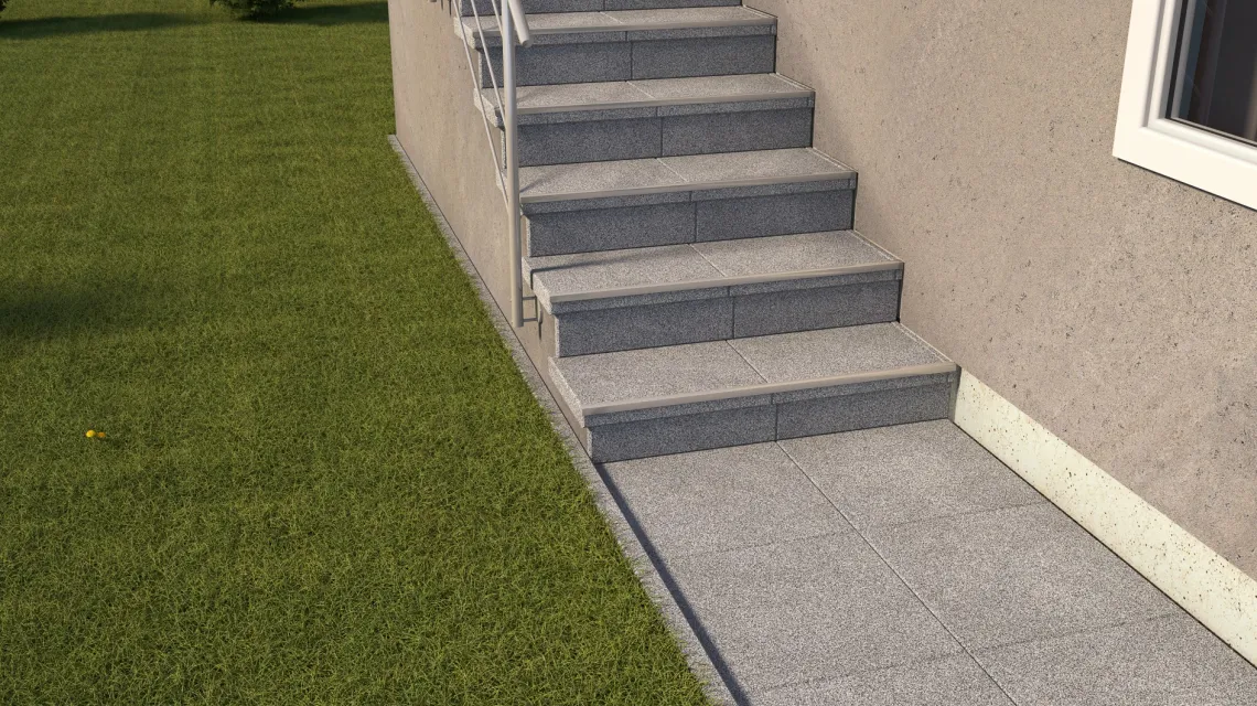 Beispielhafte Verlegung für den Artikel 5447 von WARCO - Traptegel, Farbton Grijs Melange in der Abmessung 500 x 500 x 30 mm.