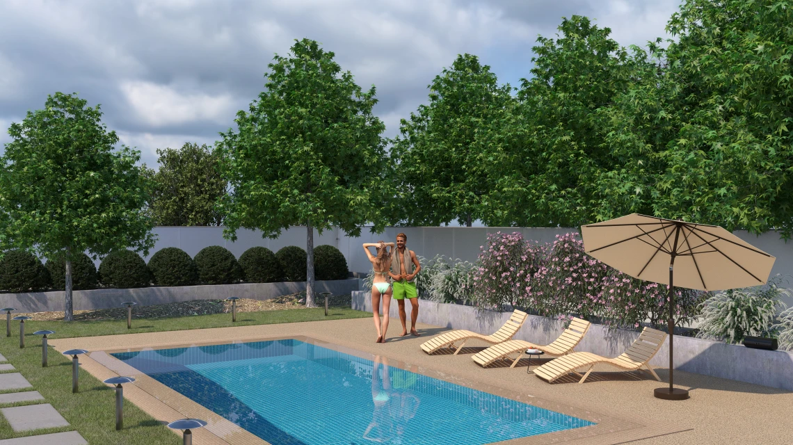 Beispielhafte Verlegung für den Artikel 6108 von WARCO - Zwembadrandtegel zonder voegen, Farbton Travertin in der Abmessung 30,6 x 30,6 x 3 cm | 0,094 m².