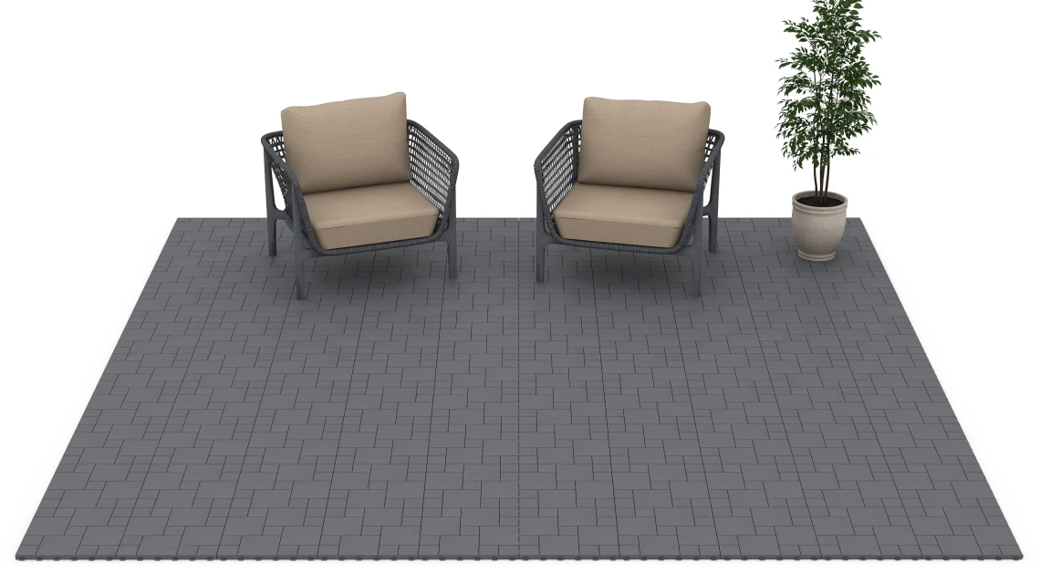 Beispielhafte Verlegung für den Artikel 6330 von WARCO - Blokpatroon – Vlondertegel, Farbton Zilvergrijs in der Abmessung 38,5 x 38,5 x 2 cm.