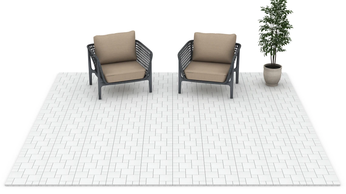 Beispielhafte Verlegung für den Artikel 6333 von WARCO - Blokpatroon – Vlondertegel, Farbton Krijt in der Abmessung 38,5 x 38,5 x 2 cm.