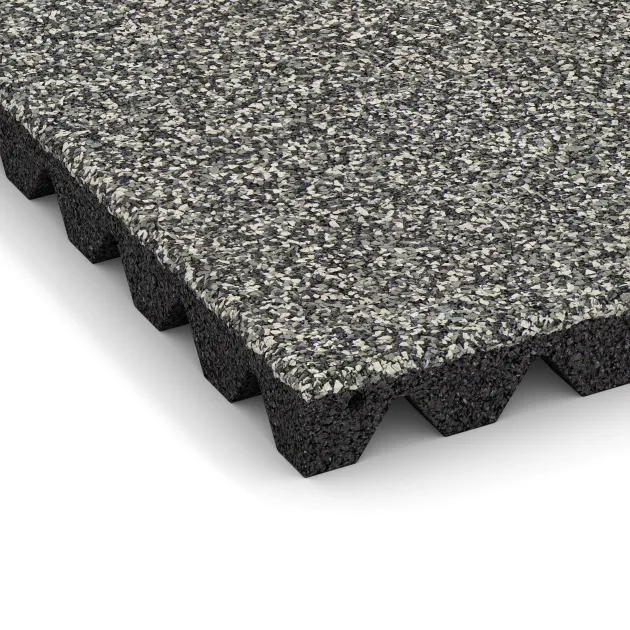 Detailaufnahme der Randausprägung von WARCO-Produkt 5543, Rubber speelplaatstegel 4,5 cm - EN 1177 ≤ 135 cm, Format 500 x 500 x 45 mm, Farbe Grijs Graniet.