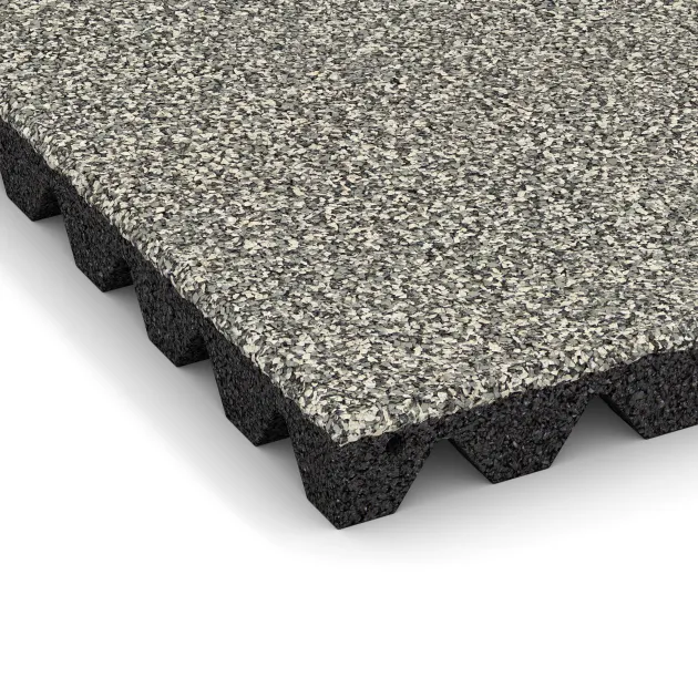 Detailaufnahme der Randausprägung von WARCO-Produkt 5544, Rubber speelplaatstegel 4,5 cm - EN 1177 ≤ 135 cm, Format 500 x 500 x 45 mm, Farbe Lichtgrijs Graniet.