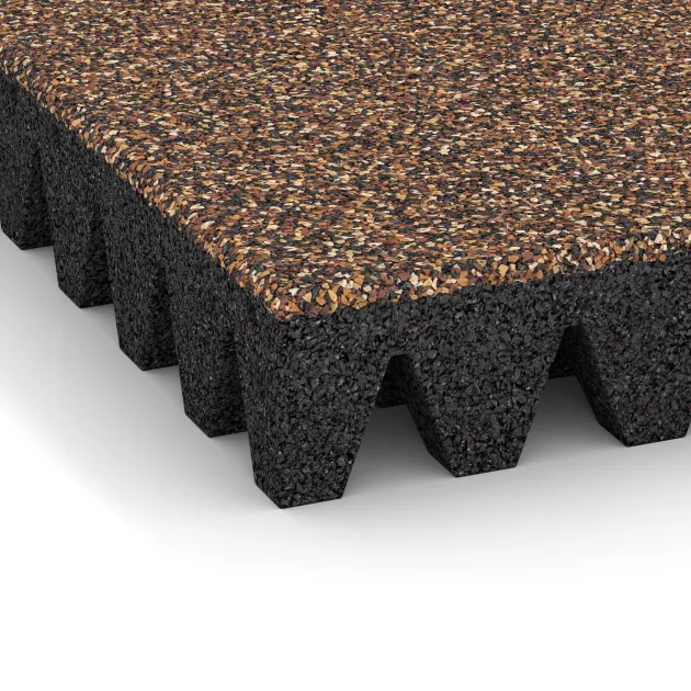 Detailaufnahme der Randausprägung von WARCO-Produkt 5616, Rubber speelplaatstegel 8 cm - EN 1177 ≤ 215 cm, Format 500 x 500 x 80 mm, Farbe Schors & Bast.