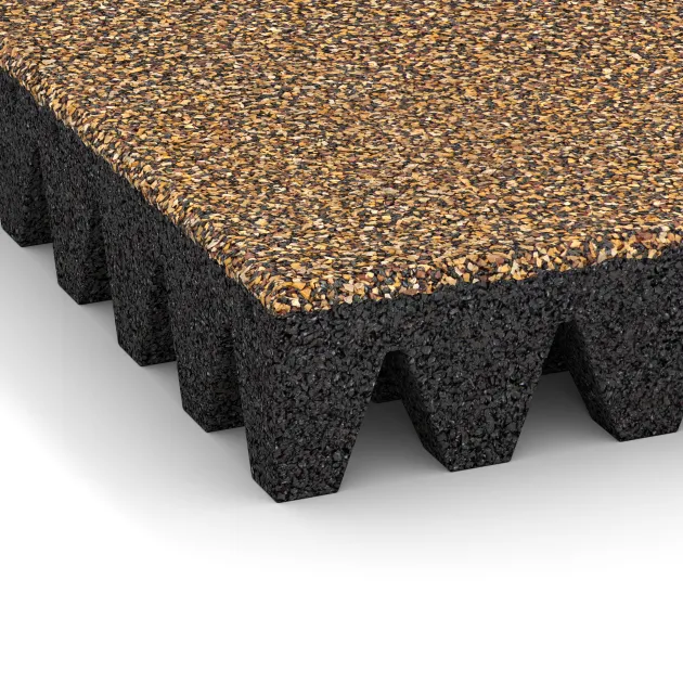 Detailaufnahme der Randausprägung von WARCO-Produkt 5623, Rubber speelplaatstegel 8 cm - EN 1177 ≤ 215 cm, Format 500 x 500 x 80 mm, Farbe Rattan Lounge.