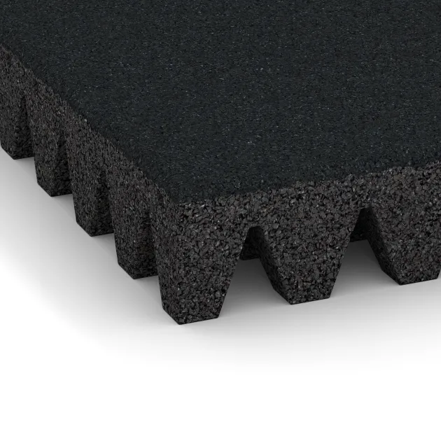 Detailaufnahme der Randausprägung von WARCO-Produkt 5604, Rubber speelplaatstegel 8 cm - EN 1177 ≤ 215 cm, Format 500 x 500 x 80 mm, Farbe Ijzergrijs.