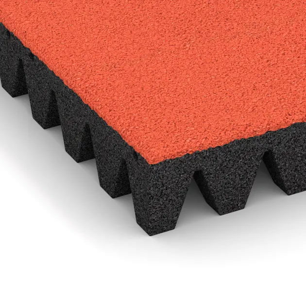 Detailaufnahme der Randausprägung von WARCO-Produkt 5608, Rubber speelplaatstegel 8 cm - EN 1177 ≤ 215 cm, Format 500 x 500 x 80 mm, Farbe Felrood-Oranje.