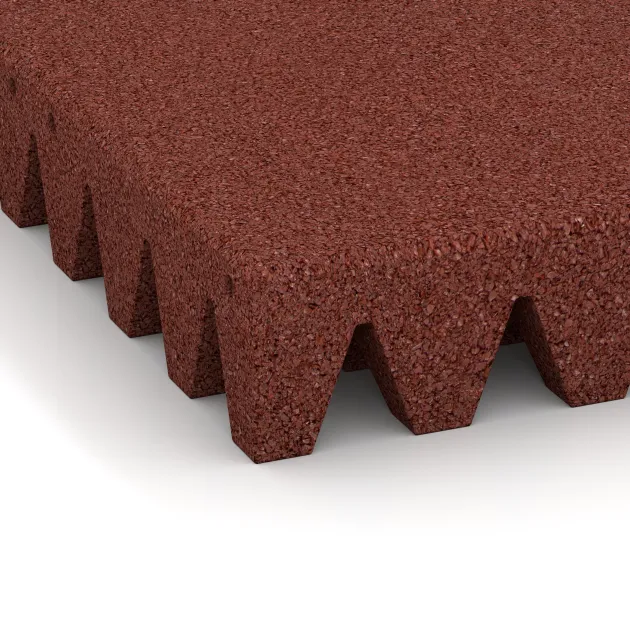 Detailaufnahme der Randausprägung von WARCO-Produkt 5597, Rubber speelplaatstegel 8 cm - EN 1177 ≤ 195 cm, Format 500 x 500 x 80 mm, Farbe Baksteenrood.