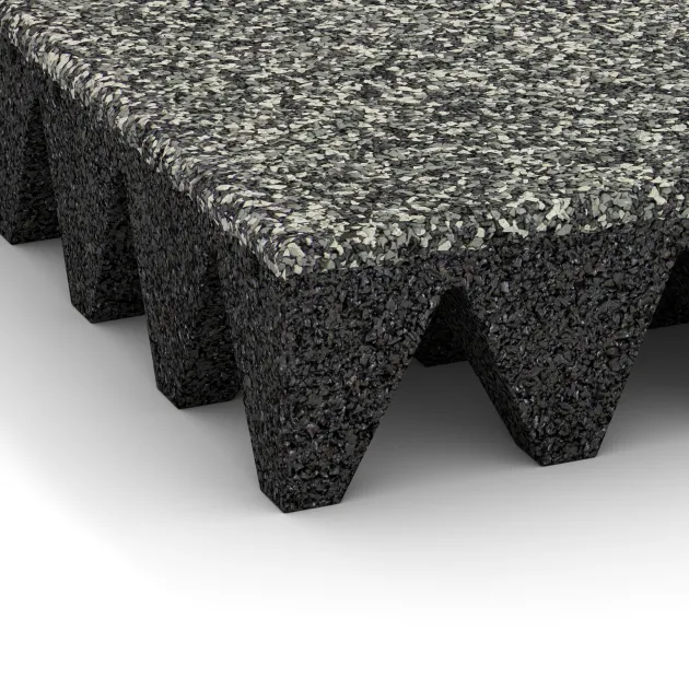 Detailaufnahme der Randausprägung von WARCO-Produkt 5644, Rubber speelplaatstegel 10 cm - EN 1177 ≤ 300 cm, Format 500 x 500 x 100 mm, Farbe Grijs Graniet.