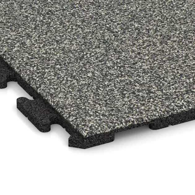 Detailaufnahme der Randausprägung von WARCO-Produkt 1599, Fitnessvloer Rubber Tegels Classic, Format 1000 x 1000 x 30 mm, Farbe Grijs Graniet.