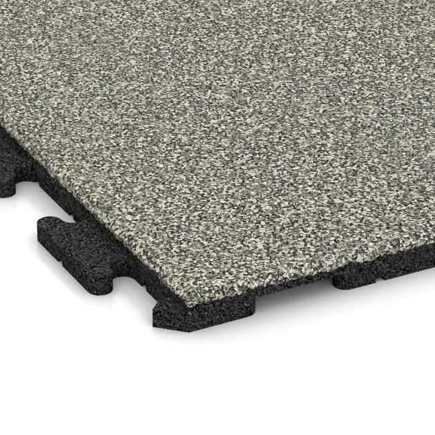 Detailaufnahme der Randausprägung von WARCO-Produkt 1600, Fitnessvloer Rubber Tegels Classic, Format 1000 x 1000 x 30 mm, Farbe Lichtgrijs Graniet.