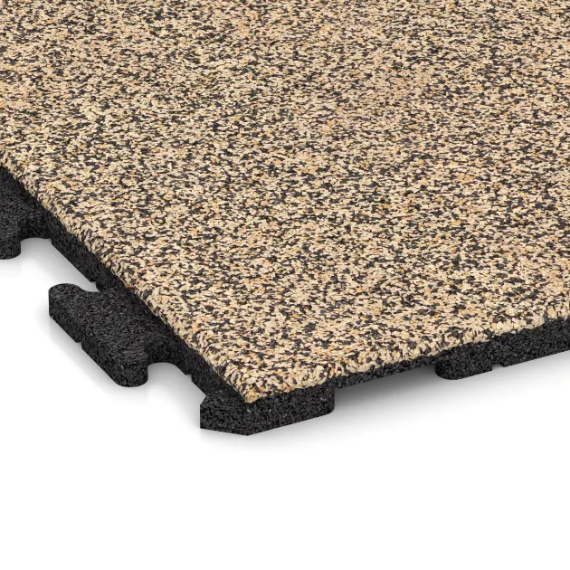 Detailaufnahme der Randausprägung von WARCO-Produkt 1606, Fitnessvloer Rubber Tegels Classic, Format 1000 x 1000 x 30 mm, Farbe Travertin.