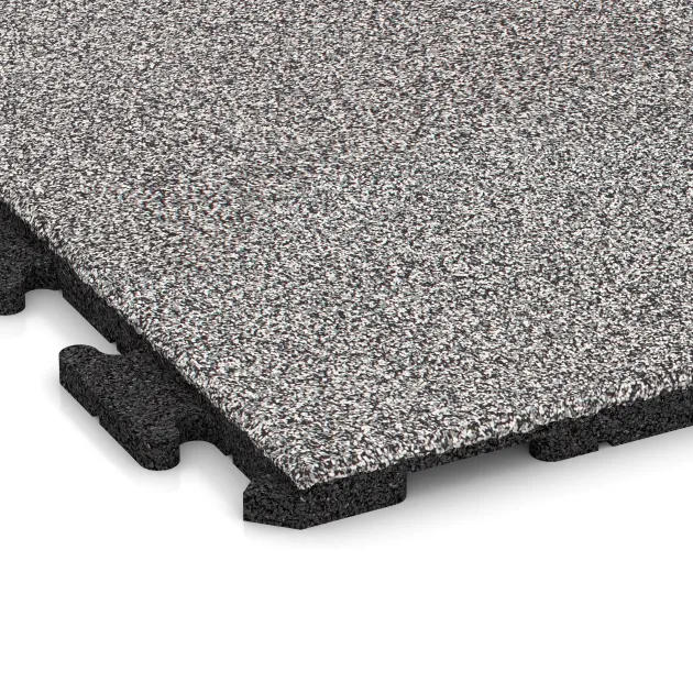 Detailaufnahme der Randausprägung von WARCO-Produkt 4638, Fitnessvloer Rubber Tegels Classic, Format 1000 x 1000 x 30 mm, Farbe Grijs Melange.