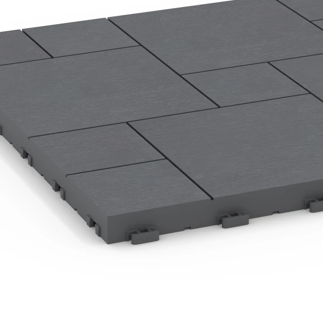 Detailaufnahme der Randausprägung von WARCO-Produkt 6330, Blokpatroon – Vlondertegel, Format 38,5 x 38,5 x 2 cm, Farbe Zilvergrijs.