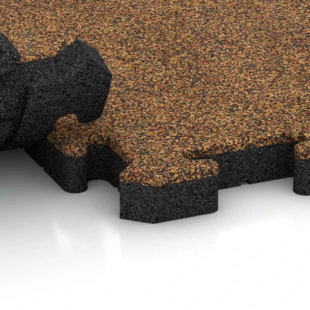 Großaufnahme vom Verbindungssystem von WARCO-Boden 4121 - Rubber sportvloer im Farbdesign Terracotta. Abmessungen 50 x 50 x 4 cm | 0,25 m².