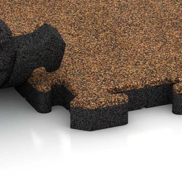 Großaufnahme vom Verbindungssystem von WARCO-Boden 3382 - Speelplaats vloeren im Farbdesign Terra Cotta. Abmessungen 1000 x 1000 x 40 mm.