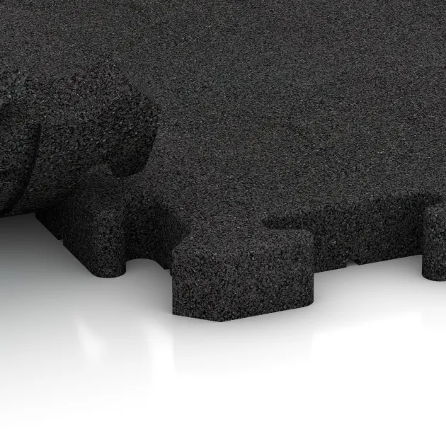 Großaufnahme vom Verbindungssystem von WARCO-Boden 3475 - Speelplaats vloeren im Farbdesign Anthraciet. Abmessungen 1000 x 1000 x 40 mm.