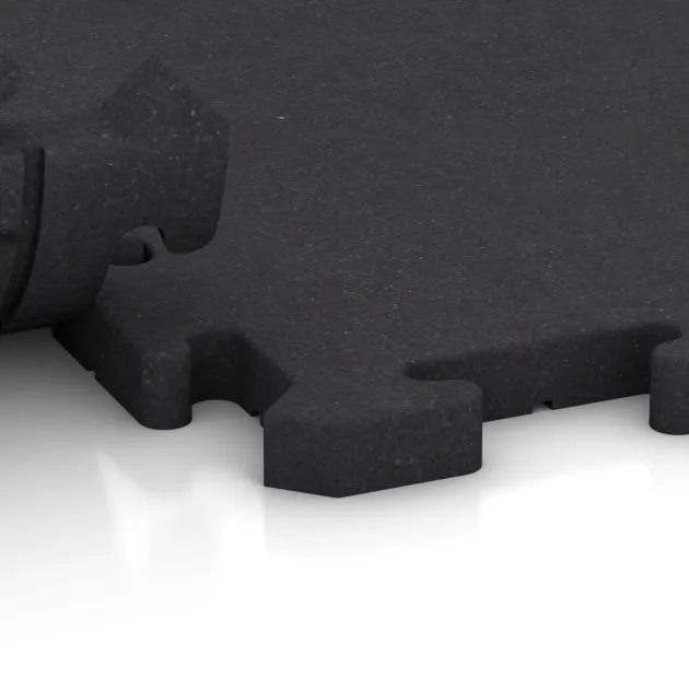 Großaufnahme vom Verbindungssystem von WARCO-Boden 2612 - Fitnessvloer Studio im Farbdesign Anthraciet. Abmessungen 500 x 500 x 30 mm.