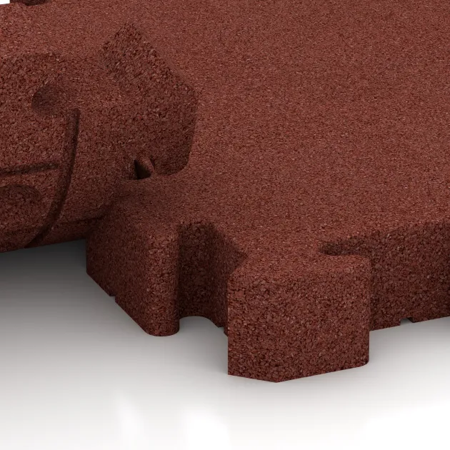 Großaufnahme vom Verbindungssystem von WARCO-Boden 3187 - Rubberen straattegels im Farbdesign Baksteenrood. Abmessungen 500 x 500 x 60 mm.