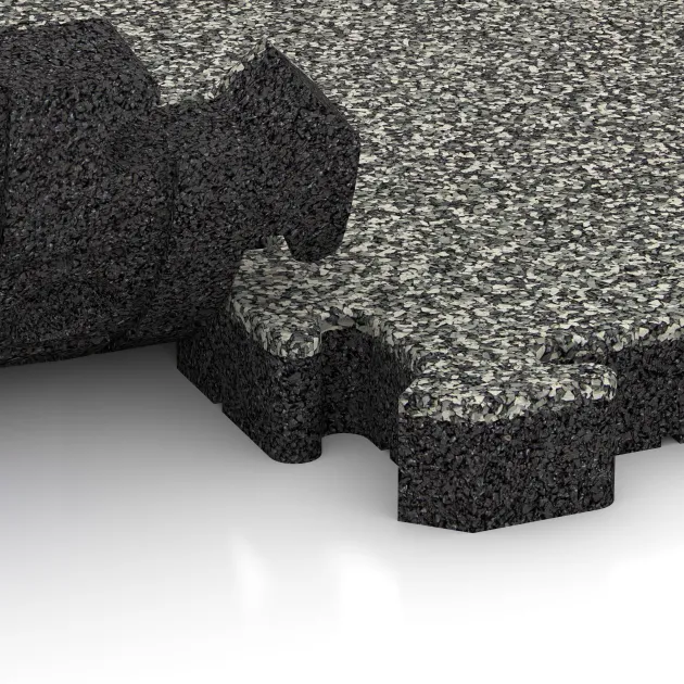 Großaufnahme vom Verbindungssystem von WARCO-Boden 3057 - Rubberen straattegels im Farbdesign Grijs Graniet. Abmessungen 500 x 500 x 50 mm.