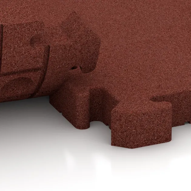 Großaufnahme vom Verbindungssystem von WARCO-Boden 3145 - Rubberen straattegels im Farbdesign Baksteenrood. Abmessungen 500 x 500 x 50 mm.