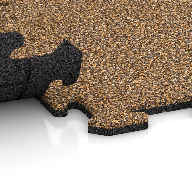 Großaufnahme vom Verbindungssystem von WARCO-Boden 0109 - Rubberen traptegel im Farbdesign Rattan. Abmessungen 500 x 500 x 18 mm.