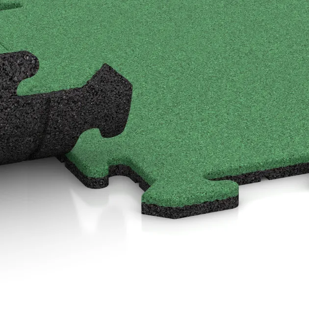 Großaufnahme vom Verbindungssystem von WARCO-Boden 6202 - Sportvloerplaat 1,8 cm im Farbdesign Meigroen. Abmessungen 500 x 500 x 18 mm.