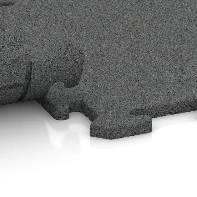 Großaufnahme vom Verbindungssystem von WARCO-Boden 0161 - Sportvloerplaat HD 1,8 cm im Farbdesign Leigrijs. Abmessungen 500 x 500 x 18 mm.