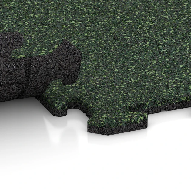 Großaufnahme vom Verbindungssystem von WARCO-Boden 0289 - Rubberen traptegel im Farbdesign Engels gazon. Abmessungen 100 x 100 x 1,8 cm | 1,00 m².