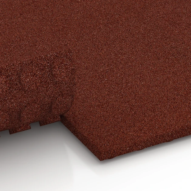 Großaufnahme vom Verbindungssystem von WARCO-Boden 6645 - Stallplatte im Farbdesign Baksteenrood. Abmessungen 100 x 50 x 3 cm.