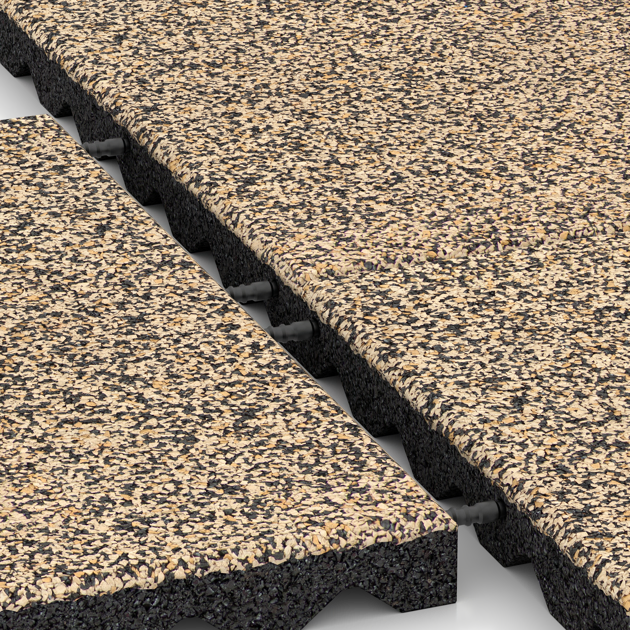 Großaufnahme vom Verbindungssystem von WARCO-Boden 5335 - Valtegel im Farbdesign Travertin. Abmessungen 500 x 500 x 40 mm.