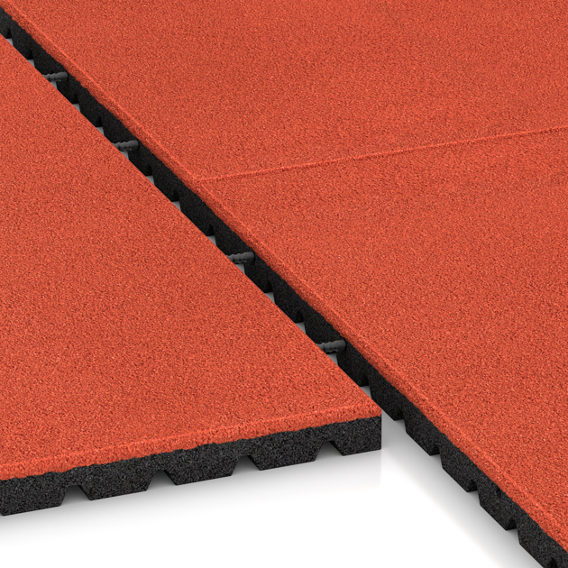 Großaufnahme vom Verbindungssystem von WARCO-Boden 0772 - Valmat im Farbdesign Felrood-Oranje. Abmessungen 1000 x 1000 x 40 mm.